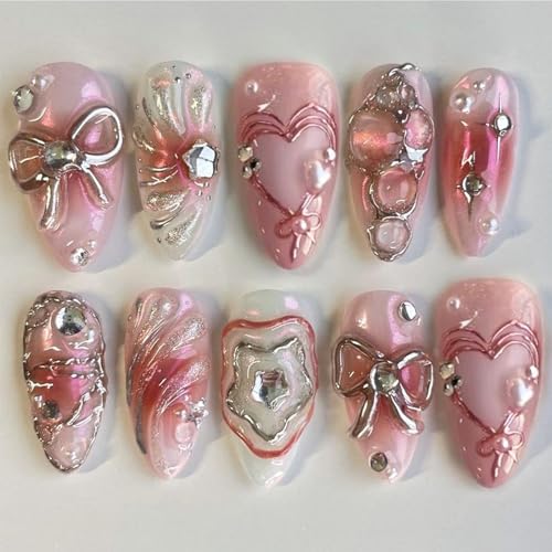 Pink Heart Bow Star-4 Medium Almond Press On Nails with Rhinestones & Pearls, Valentines Fake Nails Set