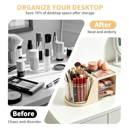 KDYNIX 360° Rotating Makeup Brush Holder, 6-Slot Organizer with 2 Drawers, Cream