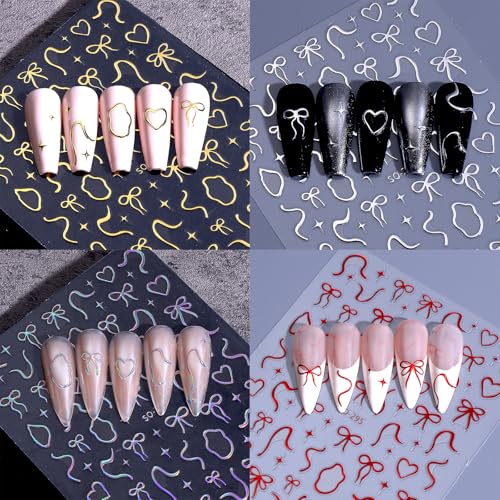 LBPEPAMZ 3D Valentine Nail Stickers - Gold Silver Red Bow Love Decorative Decals for Nails, 8 Sheets - Style 29