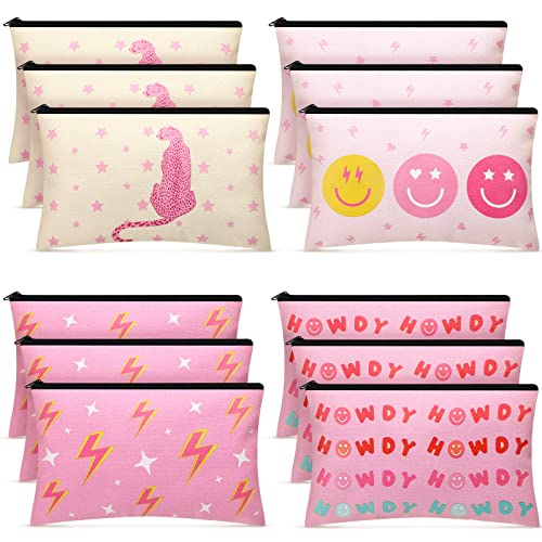 12 Pcs Preppy Makeup Bags – Cute Pink Canvas Cosmetic Pouches for Party Favors