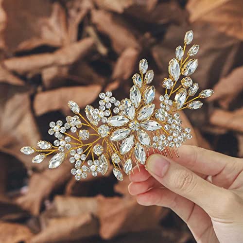 Unsutuo Gold Bridal Hair Comb with Crystal Rhinestones & Pearls - Wedding Hair Accessories for Women & Girls