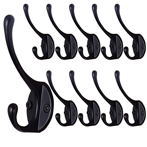 Heavy-Duty Wall Mounted Coat Hooks - Pack of 10, Black Metal