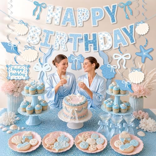 Coastal Seashell Birthday Party Decorations with Banner & Swirls