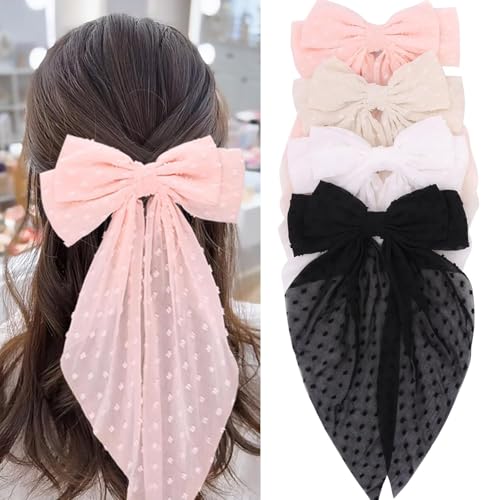 MRJ 4Pcs Big Chiffon Hair Bows for Women & Girls - Black, White, Beige, Light Pink