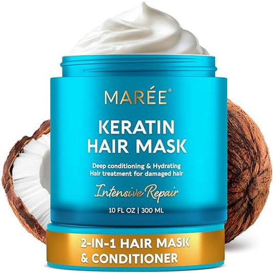 MAREE Deep Conditioning Hair Mask for Damaged Hair Treatment ? Keratin Hair Care for Hydrating Growth Repair Moisturizing ? Dry Curly Color Refreshing ? 10 Fl Oz, White