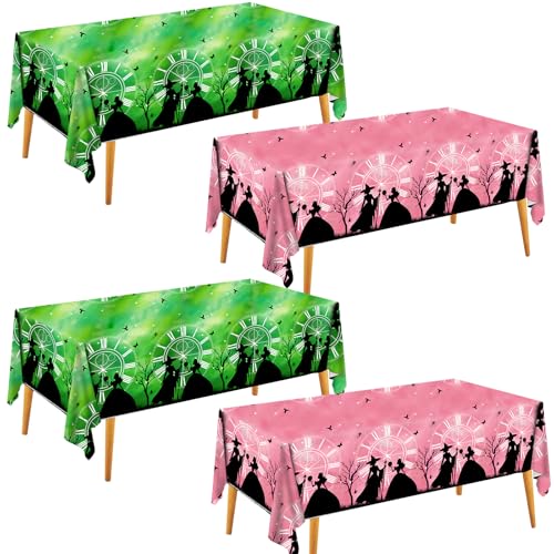4 Pack Pink and Green Witch-Themed Disposable Tablecloths - 54 x 108 Inches