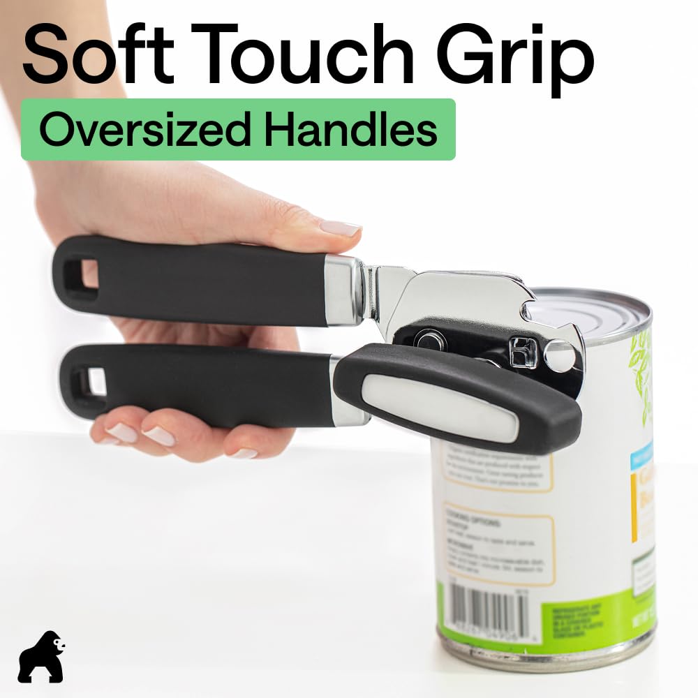 GORILLA GRIP Heavy Duty Stainless Steel Smooth Edge Manual Can Opener and Bottle Openers, US Designed, Comfortable Handle, Oversized Handheld Turn Knob, Multifunctional Kitchen Tool, Black