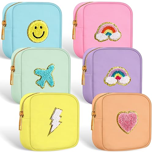 6 Pcs Mini Preppy Makeup Bags - Chenille Letter Nylon Cosmetic Pouch (Fresh Color)