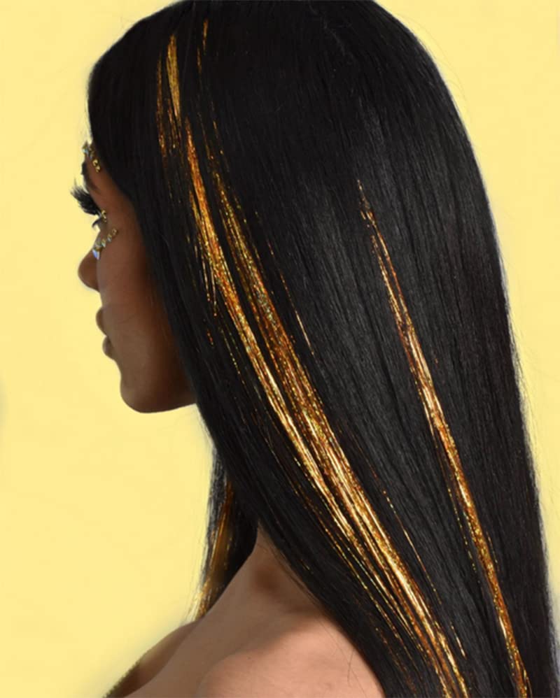 LEILEIXI Shining Gold Hair Tinsel 47 Inch 800 Strands Sparkling Hair Extensions for Kids & Women