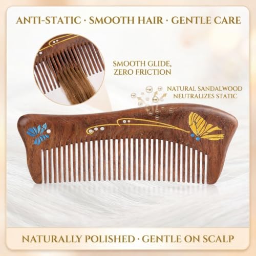 Handmade Sandalwood Butterfly Hair Comb - Anti-Static Detangling