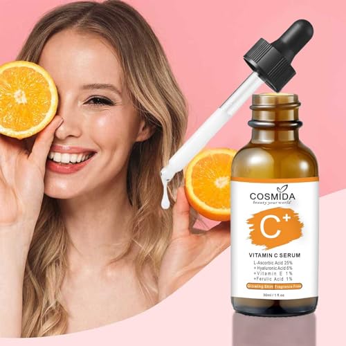 Cosmida Vitamin C Serum for Face with Hyaluronic Acid, Collagen, 1 Fl Oz - Brightening & Anti-Aging Skincare