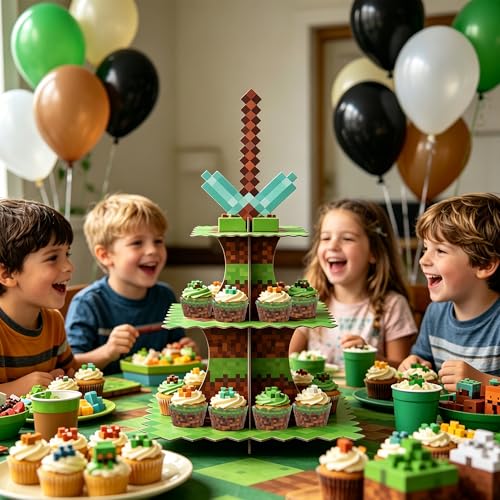 3-Tier Pixel Art Cupcake Stand with 24 Liners for Gaming Parties
