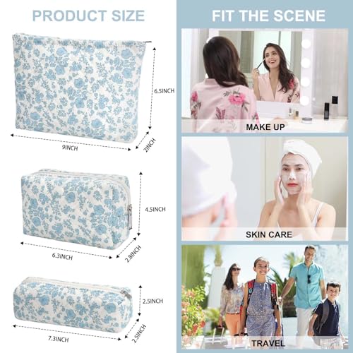 EIMMBD Makeup Bag Set - 3 Piece Travel Organizer in Blue White