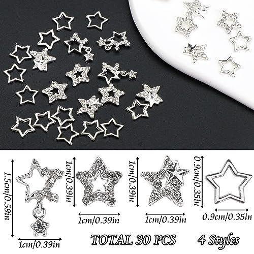 30PCS Star Nail Charms - 3D Silver Pentagram Nail Art Gems