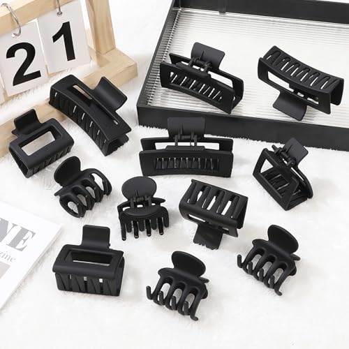 SMKSL 12 Pcs Black Hair Claw Clips Set - 3 Styles for Thick Hair