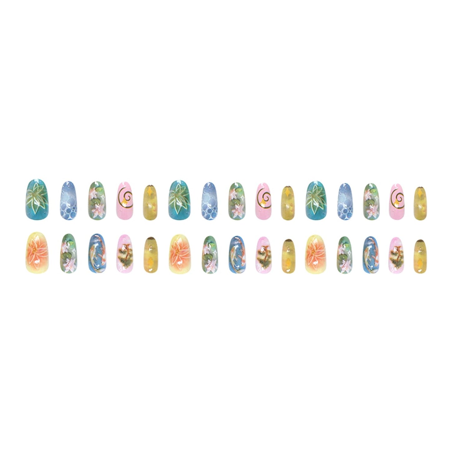 Press-On Nails - 24Pcs Medium Almond Fake Nails with Lotus & Lucky Koi Design | Glossy Full Cover for Spring/Summer DIY Manicure