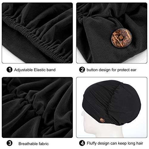 Geyoga 3 Pcs Black Bouffant Caps with Buttons - One Size