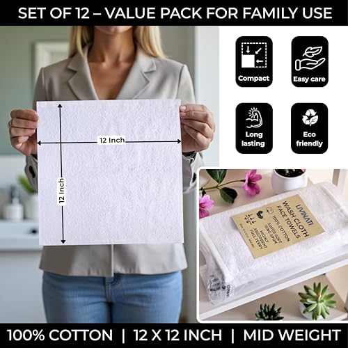 LIVINATI White Cotton Wash Cloths 12 Pack - 12"x12" Soft Bath Rags