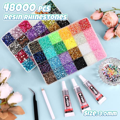 Kalolary 48000pcs 3mm Resin Jelly Rhinestones Kit with Glue and Tools