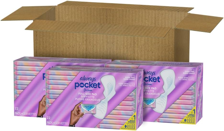 Always Pocket Feminine Pads - FlexFoam Comfort, Regular Size 1, Unscented | 66 Count (3 Packs of 22)