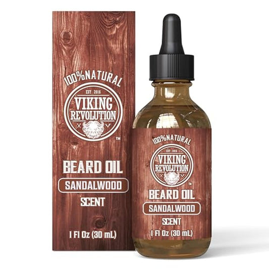 Viking Revolution Beard Oil for Men - Natural Mens Beard Oil with Argan Oil and Jojoba Oil - Beard Softener, Strengthens and Moisturizes - Beard Conditioner for Men (Sandalwood, 1 Pack)
