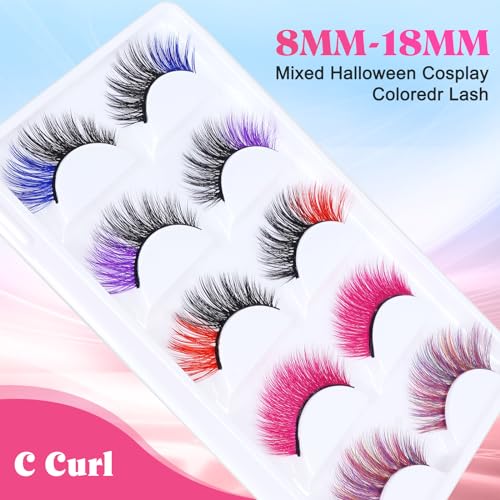 AMilHiTon Halloween Colored Eyelashes 5 Pairs - Faux Mink, Vibrant for Cosplay & Parties (8233 Mixed)