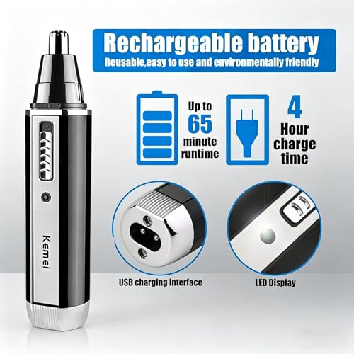 KEMEI 4-in-1 Nose Ear & Facial Hair Trimmer, USB Rechargeable, Painless & Detachable Heads