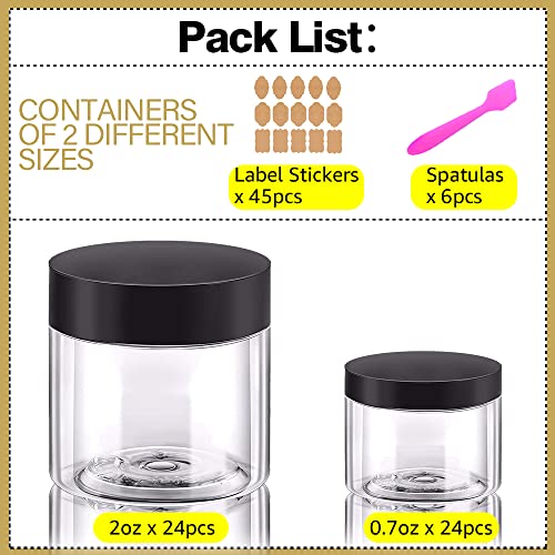 AMORIX Black Lid Travel Cosmetic Jars Set – 24x 2oz & 24x 0.7oz Plastic Containers with Labels & Spatulas