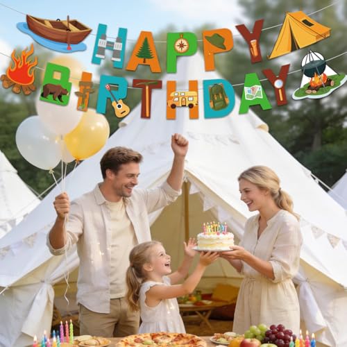 25-Piece Camping Birthday Party Decorations Set with Banner & Swirls