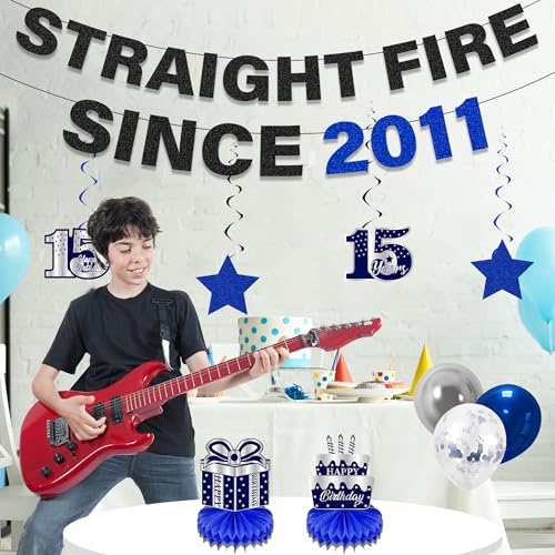 15th Birthday Decoration Set - 11 Pcs Blue & Black Balloons, Banners, and Honeycomb