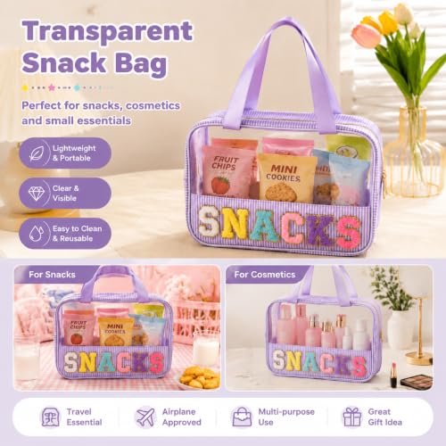 Travel Snack Bag for Women with Chenille Letter - Reusable Seersucker Organizer