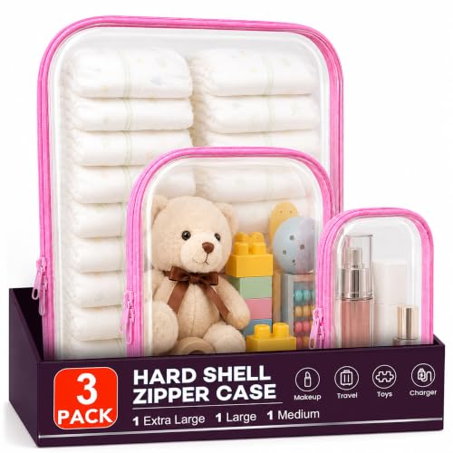 Clear Hard Shell Zipper Case Set (Pink, 1XL + 1L + 1M) - TSA Friendly