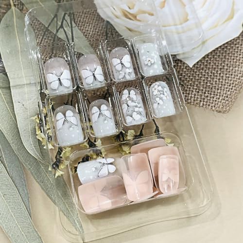 FIEONCIY Short Square Press on Nails with Designs - White Butterfly Floral, Glossy Fake Nails for Women & Girls