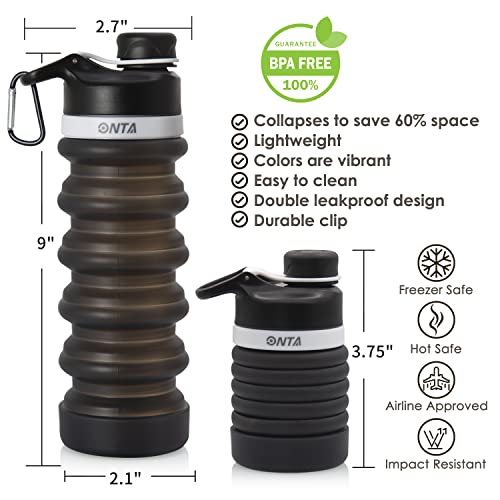 ONTA Collapsible Silicone Water Bottle 20oz - BPA Free, Leakproof & Portable