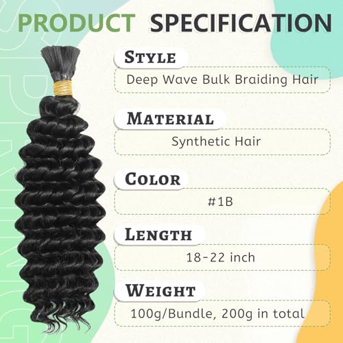 EOOCET 18 Inch Deep Wave Boho Braiding Hair - 2 Packs 200g, #1B Black