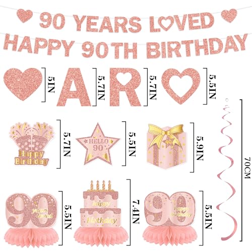 Rose Gold 90th Birthday Decorations Set for Women - 9 Pieces