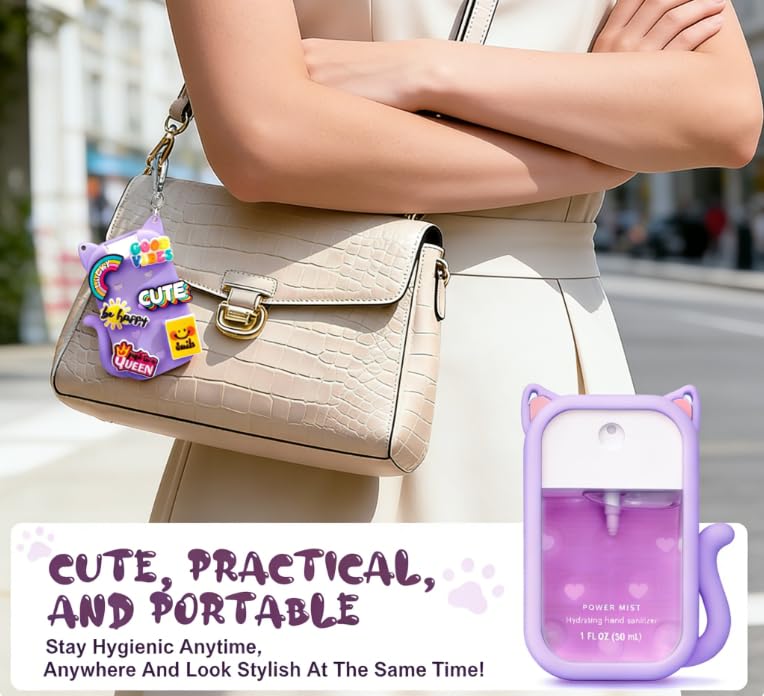 Purple Cat-Shaped Silicone Hand Sanitizer Case for Touchland 30ml with Charms & Keychain