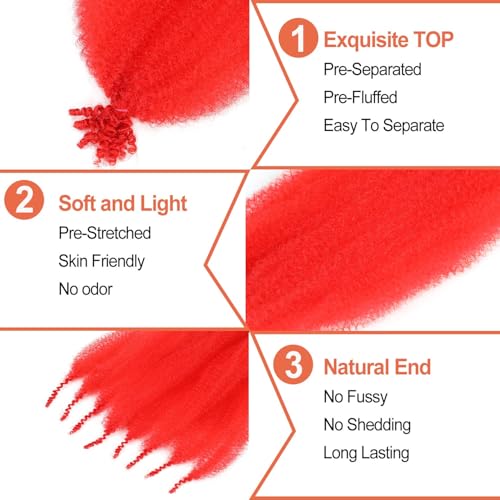 ELAOGI 18 Inch Red Springy Afro Twist Hair 6 Packs Pre-Fluffed Braiding Extensions