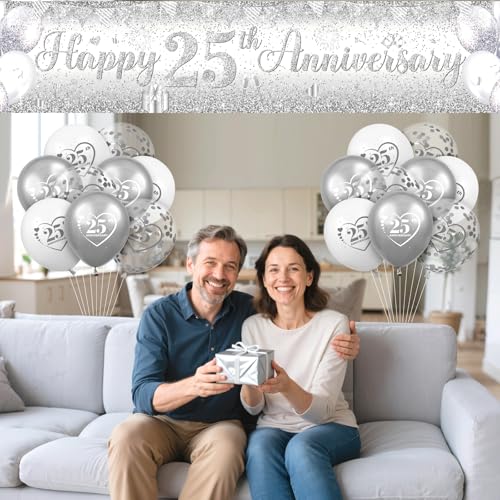 Silver 25th Anniversary Decorations Kit with Banner & Balloons