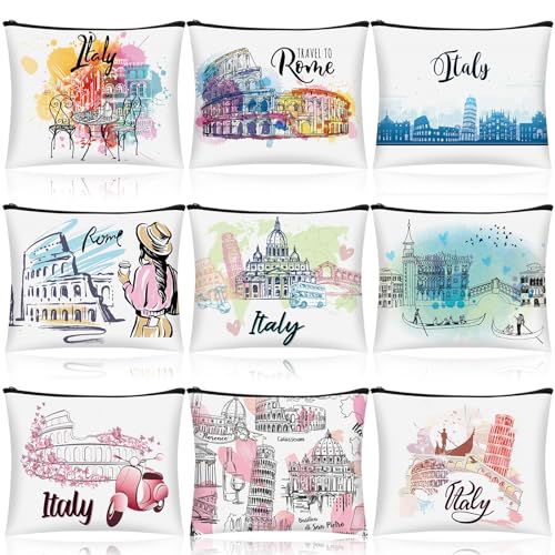 Elegant Italy Themed Cosmetic Pouch Set - 9 Zipper Bags for Travel & Gifts