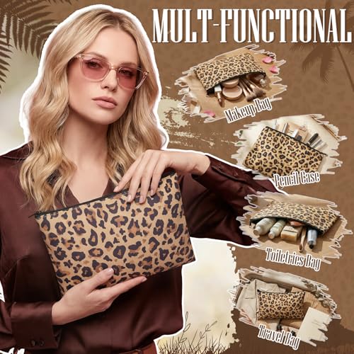 10 Pcs Leopard Makeup Bags - Canvas Cosmetic Pouches with Zipper