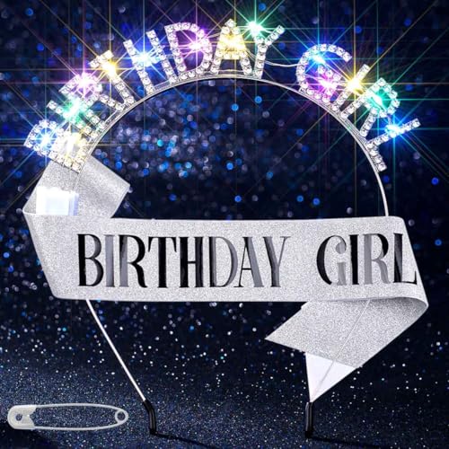 Silver Light Up Birthday Girl Headband with Rhinestones & Sash Set for Women
