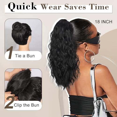 AISI BEAUTY 18 Inch Curly Synthetic Ponytail Extension Black Brown for Women