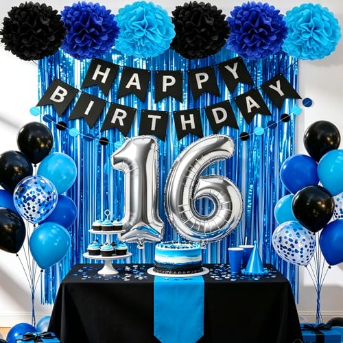 Happy 16th Birthday Decorations Set for Boys - 35 Pcs Blue & Black