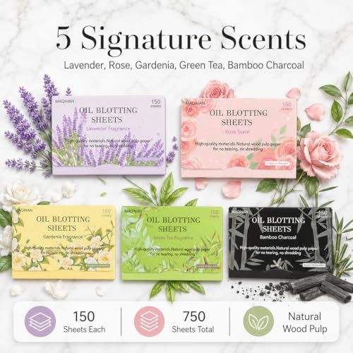 MAQIHAN Oil Blotting Sheets - 750 Count, 5 Scented Packs