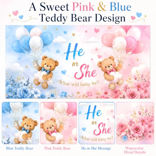 Gender Reveal Backdrop - Teddy Bear Banner, 72x43 in, Pink & Blue
