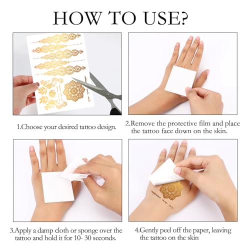 Gold Metallic Temporary Tattoos for Face & Body - 9 Sheets for Festivals & Parties