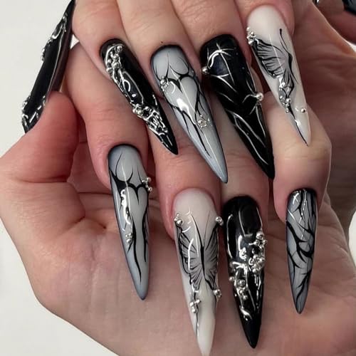 MISUD Long Stiletto Press-On Nails Black Butterfly Gothic Design 24 pcs - Variation 06103-01-01Black
