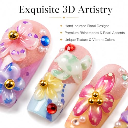 Medium Almond Press on Nails ZF305 - Handmade Floral Designs with Rhinestones & Pearls, 24 Pcs Reusable Kit
