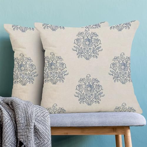 Light Blue Floral Pillow Covers 16x16 Inch Set of 2 - Linen